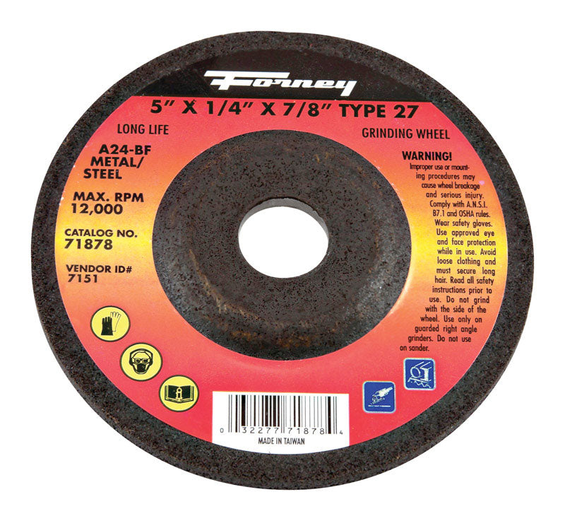 Forney 71878 Grinding Wheel with 7/8-Inch Arbor, Metal Type 27, A24R-BF, 5-Inch-by-1/4-Inch