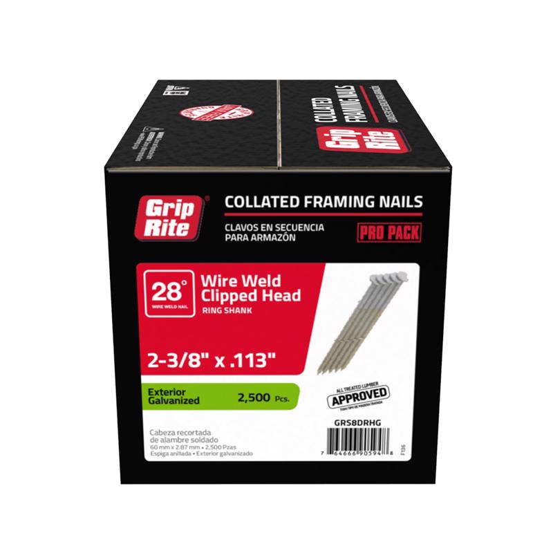 Grip Rite Prime Guard GRS8DRHG 28-deg HD Galv Wire Clipped Head Nails, Ring 2-3/8-inch by .113 (2,500 per pk), Steel