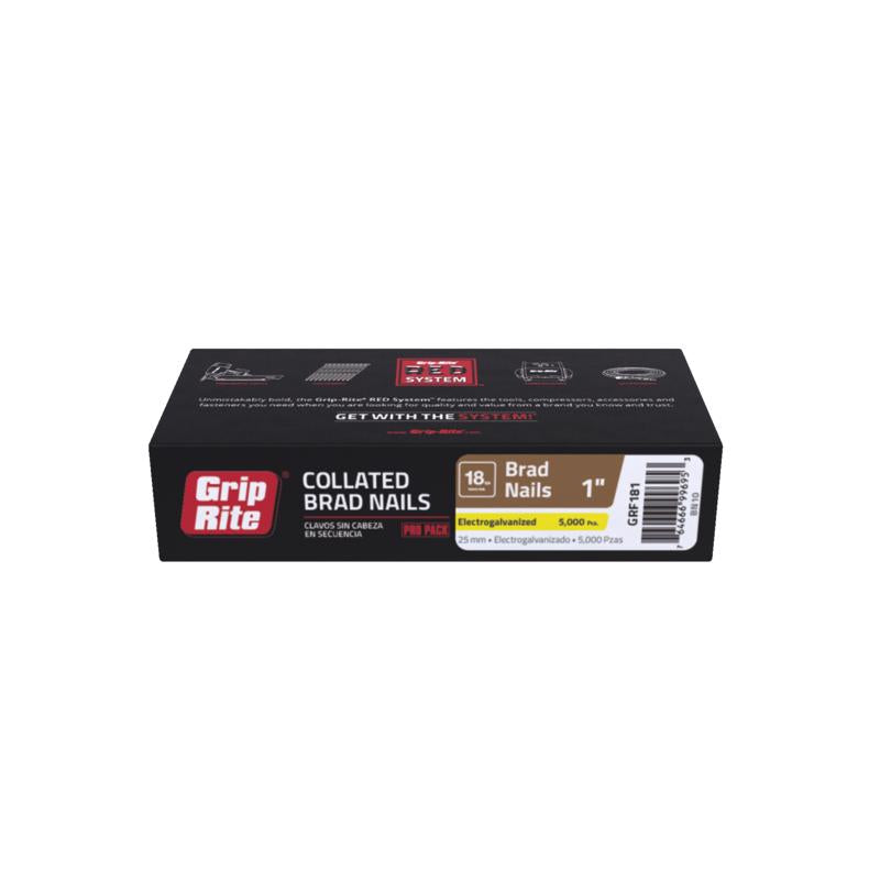 Grip-Rite 18-Gauge Collated Straight Brad Nails - Electro-Galvanized Steel Nails for Trim and Interior Finishing Applications - 1" - 5000 Count - GRF181