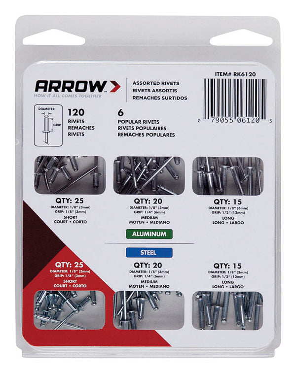 Arrow RK6120 Pop Rivet Assortment Kit for Metal, Fabric, Leather, and Auto Repair, Aluminum and Steel, 1/8-Inch, 120-Pack
