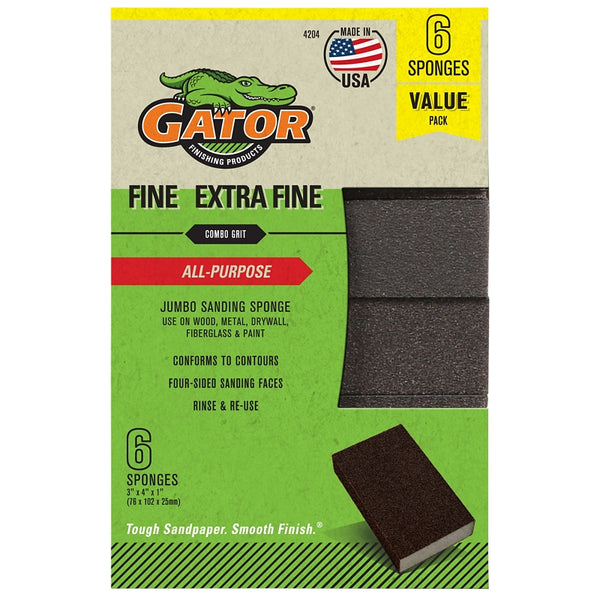 Gator Multi-Surface Sanding Sponge, 3" x 4" x 1", Extra Fine/Fine Grit, 6 Pack 4204GA