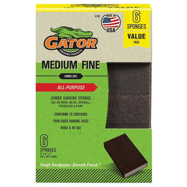 Gator Multi-Surface Sanding Sponge, 3" x 4" x 1", 80/120 Grit Medium/Fine, 6 Pack 4199