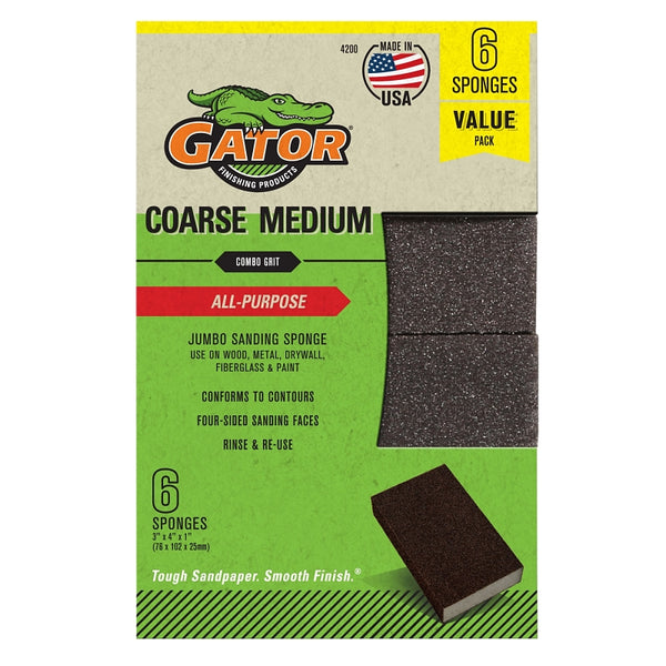 Gator Multi-Surface Sanding Sponge, 3" x 4" x 1", 60/80 Grit Coarse/Medium, 6 Pack 4200