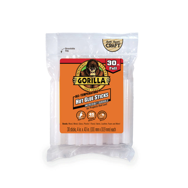 Gorilla Hot Glue Sticks, Full Size, 4" Long x .43" Diameter, 30 Count, Clear, Bonds: Wood, Metal, Glass, Plastic, Floral, Fabric, Leather, Foam, and More (Pack of 1 with 30 Glue Sticks) 3033002