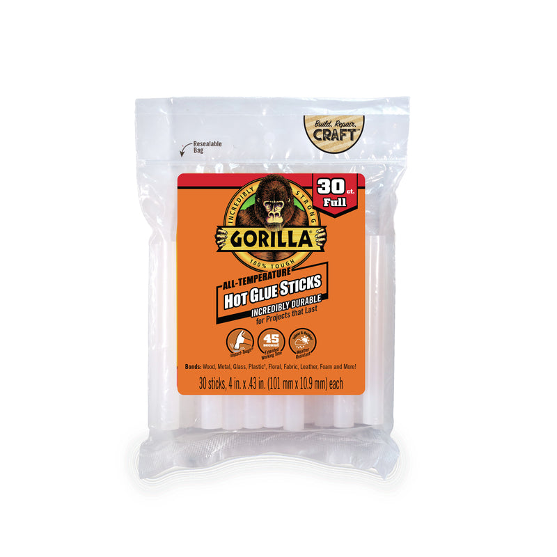 Gorilla Hot Glue Sticks, Full Size, 4" Long x .43" Diameter, 30 Count, Clear, Bonds: Wood, Metal, Glass, Plastic, Floral, Fabric, Leather, Foam, and More (Pack of 1 with 30 Glue Sticks)