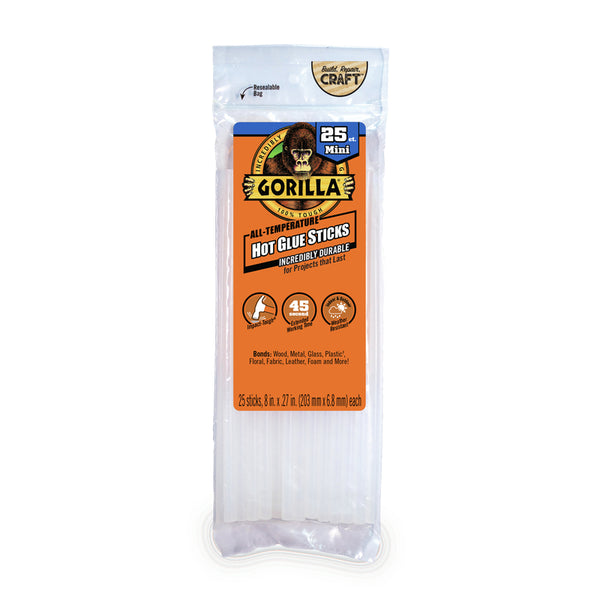 Gorilla Hot Glue Sticks, Mini Size, 8" Long x .27" Diameter, 25 Count, Clear, (Pack of 1) 3022502