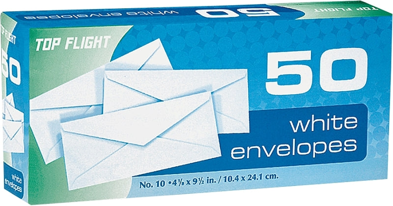 Top Flight #10 Boxed Envelopes, White, 50 Pack