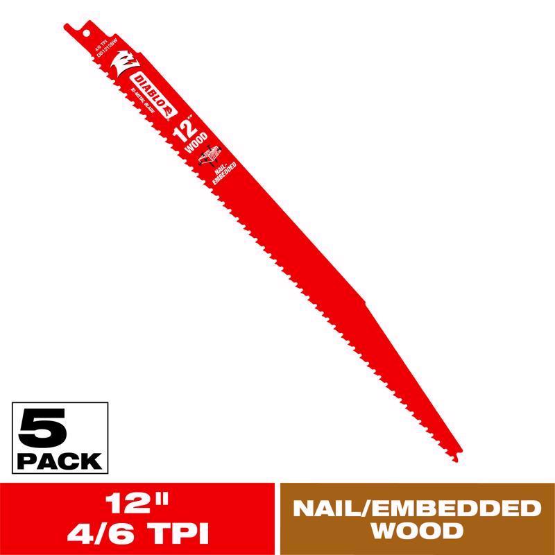 Diablo DS1212BW5 12" 4/6TPI Bi-Metal Reciprocating Saw Blades for Nail-Embedded Wood (5-Pack)