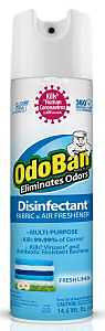 OdoBan Ready-to-Use 360-Degree Continuous Spray Disinfectant & Harsh Aroma Eliminator, Fabric and Air Freshener, Made in the USA, Fresh Linen Scent, 14.6 Ounces