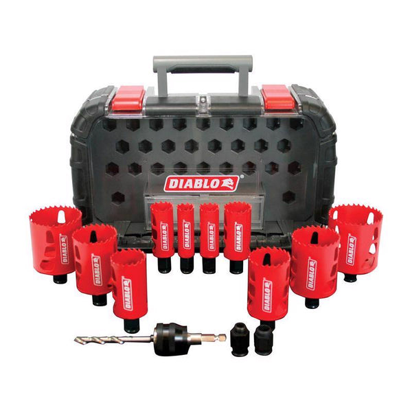 Diablo General Purpose Bi-Metal Hole Saw Set - Fits with Mandrel System - 10 Saw Cups, 1 Mandrel, 1 Pilot Bit, 2 Adaptor Nuts - DHS14SGP