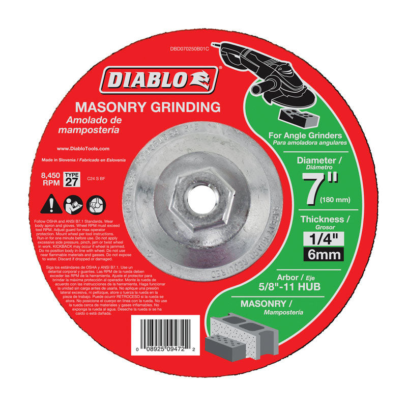 Diablo Masonry Grinding Disc with Type 27 Hub - 7" Diameter, 1/4" Thick, 5/8"-11 Arbor, Fast Material Removal, Long Life, Concrete Brick Cement Use - DBD070250B01C