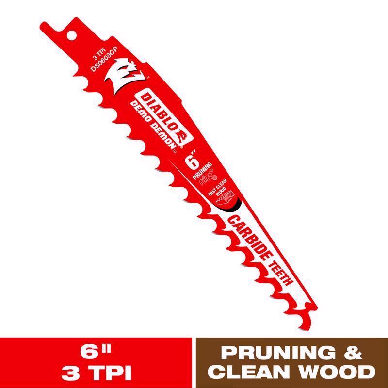Diablo Demo Demon Reciprocating Saw Blade with Carbide Teeth - Fast Pruning and Clean Wood Cuts, 3 TPI, 6" Length - DS0603CP