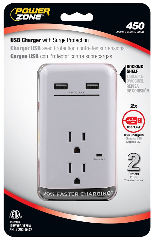 Powerzone ORUSB342S USB Charger, 3.4 A, 450 J, 2 Outlets Output, 2 Port, White