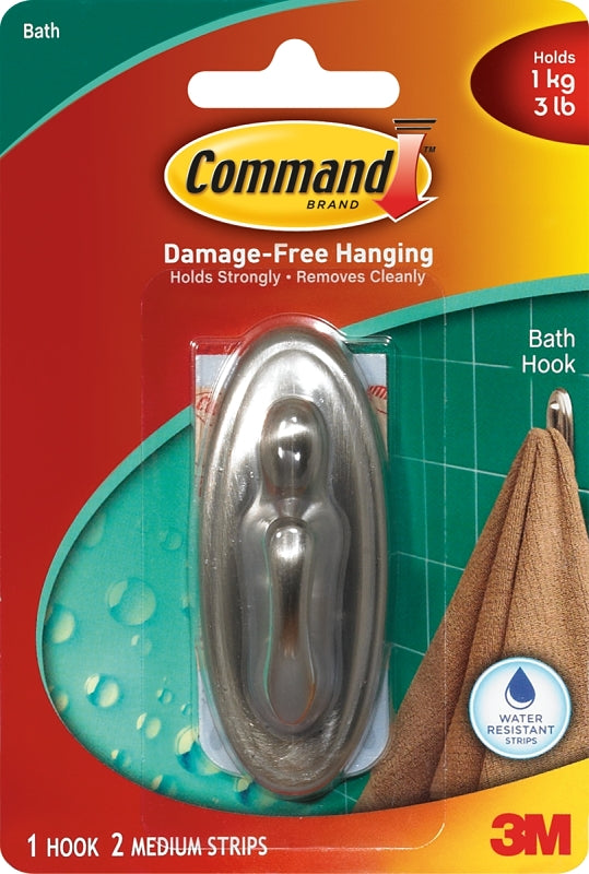 Command Medium Traditional Hook, Brushed Nickel, Holds 3 lbs, 1-Hook, 2-Strips, Organize Damage-Free 17051BNB-ES
