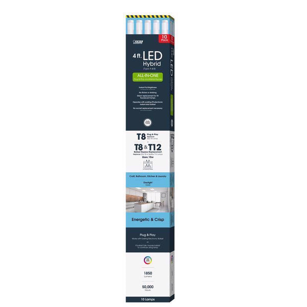 Feit T4815/850/AB/LED/10 4 Foot T8/T12 Plug-&-Play/Ballast Bypass LED Hybrid, Type A/Type B All-in-One, 10-Pack
