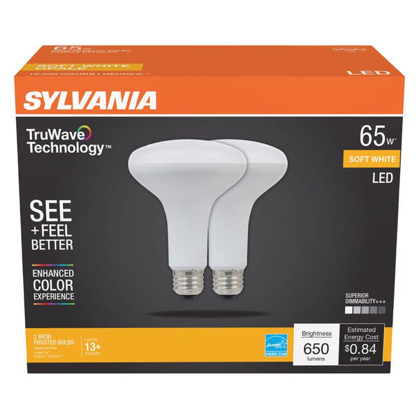 Ledvance SYLVANIA LED TruWave Natural Series BR30 Light Bulb, 65W Equivalent Efficient 7W, Medium Base, Dimmable, 650 Lumens, Frosted, 2700K, Soft White - 2 pack (40728)