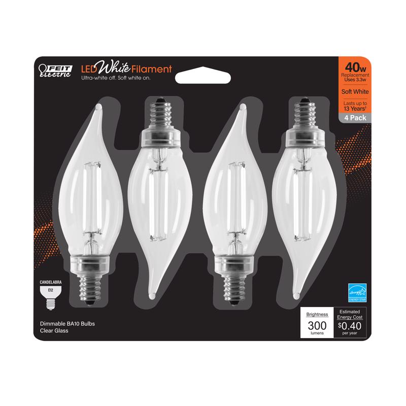 Feit LED White Filament BA10 E12 (Candelabra) Filament LED Bulb Soft White 40 Watt Equivalence 4 pk