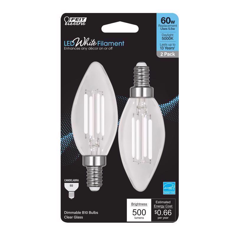 Feit BA10 E12 (Candelabra) Filament LED Bulb Daylight 60 Watt Equivalence 2 pk