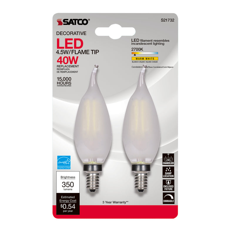 Satco S21843 4 Watt CA10 LED Bulb, Frosted, Candelabra Base, 2700K, 350 Lumens, 120 Volt, 2-Pack