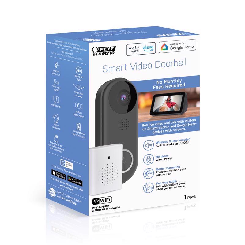 Feit Electric Doorbell Camera, 2.4 GHz WiFi, No Hub, Two-Way Audio, Motion Detection, Night Vision, 1080p HD, Micro SD Card Storage, Wireless Chime Included, Hardwired, CAM/Door/WiFi