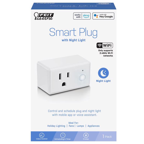 Feit Electric Indoor Smart WiFi Plug Works with Alexa and Google Home, No hub Required, 2.4 Ghz Network Only, Remote Control from Anywhere 15 Amp Smart Outlet Plug, Indoor, White with Night Light Plug/Nl/Wifi