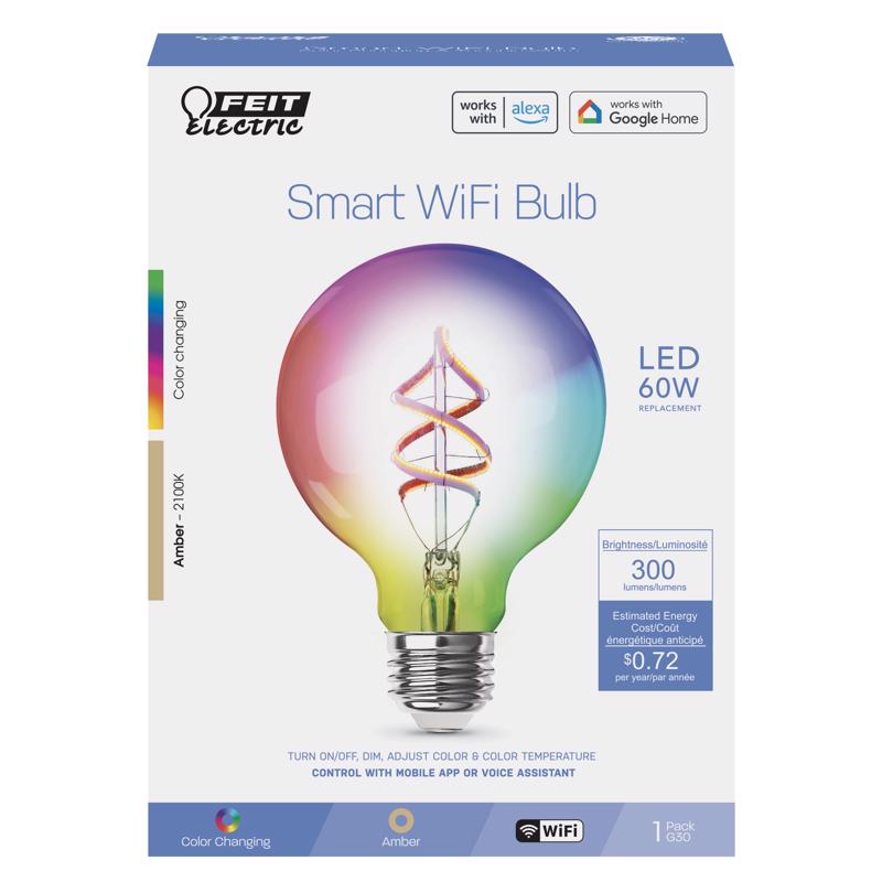 Feit Electric 60 Watt Equivalent Smart Filament Globe Bulb, Spiral Filament WiFi Dimmable, Works with Alexa and Google Assistant No Hub Required, G30 Vanity LED Smart Light Bulb G3060/RGBW/FIL/AG