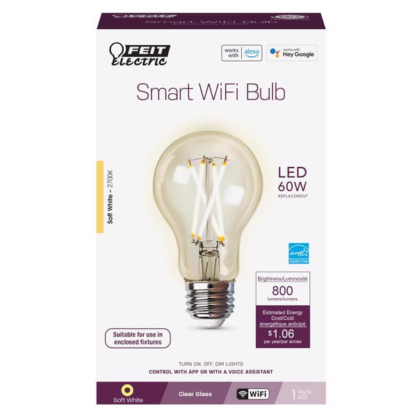 Feit Electric A1960CL/927CA/FIL/AG 60 Watt Equivalent WiFi Dimmable, No Hub Required, Alexa or Google Assistant, Filament A19 LED Smart Light Bulb, 4'' H x 2.25'' D, 2700K Soft White A1960CL927CAFAG