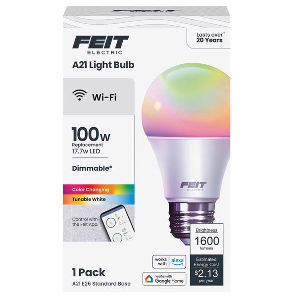 Feit Electric Smart Bulb, 100W Equivalent Color Changing and Tunable White, 2.4Ghz Wifi light bulb, No Hub Needed, Works with Alexa and Google Assistant, High CRI Dimmable LED OM100/RGBW/CA/AG, 1 Pack OM100RGBWCAAGRP