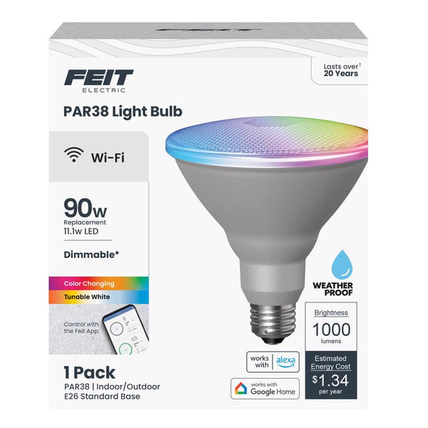Feit Electric PAR38/RGBW/CA/AG 90 Watt Equiv, 2.4 GHz WiFi Only, No Hub Required, Color Changing and Tunable White PAR38/RGBWAG/RP