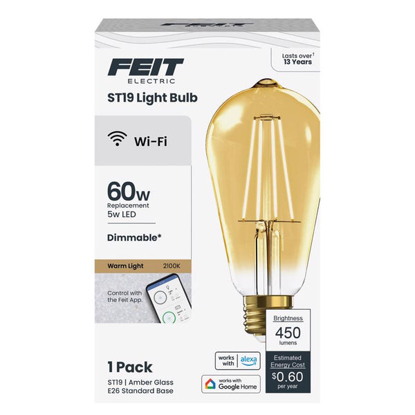 Feit Electric ST1960/FIL/AG 60 Watt Equivalent WiFi Dimmable, No Hub Required, Alexa or Google Assistant ST19 Edison Vintage LED Smart Light Bulb, Yellow, 5.4" H x 2.5" D, 2100K Amber