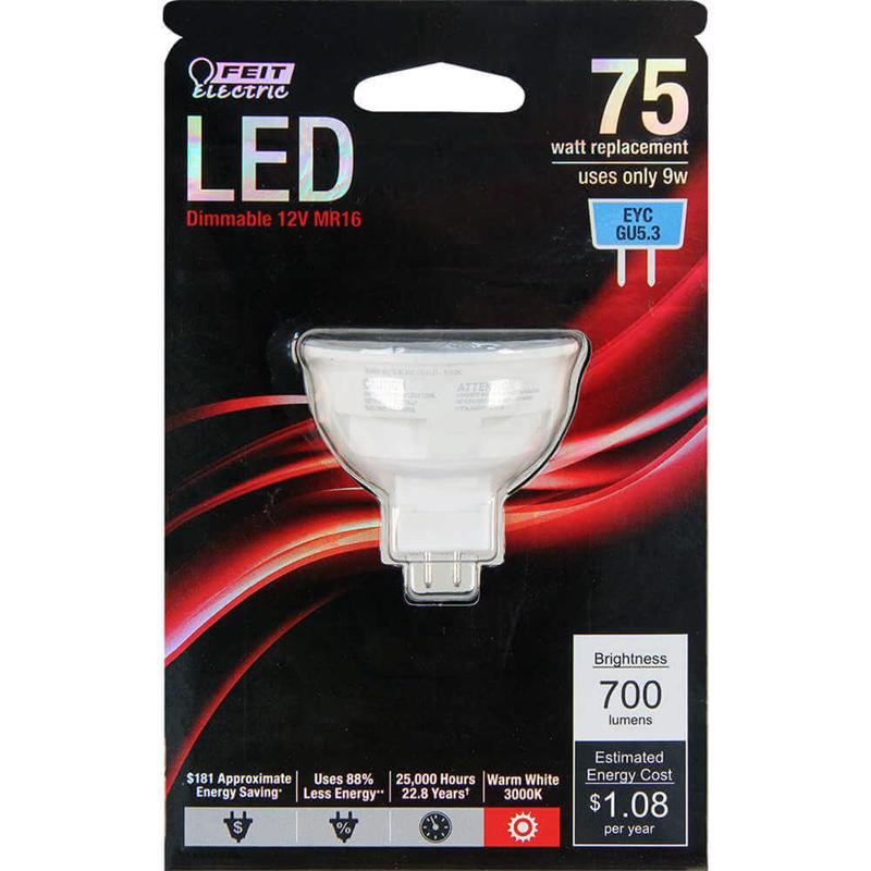 Feit Electric BPEYC/LED Dimmable LED Light Bulb, 12 Volts, 9 Watts, 700 Lumens, MR16 Bulb Shape, GU5.3 Base, MOL 1.78'' H x 1.97'' D, 3000K Warm White Light, Average Life of 25000 Hours/22.8 Years