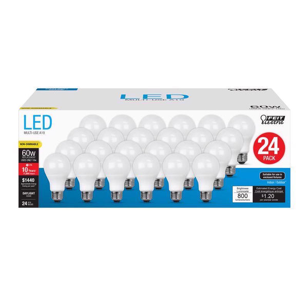 Feit Electric LED Light Bulbs, A19 60W Equivalent, Non Dimmable, 800 Lumens, A19 LED Light Bulbs, E26 Base, 5000k Daylight, A19 LED Bulbs, 10 Year Lifetime, 24 Pack, A800850/10KLED/MP/24 A80085010KLDP24