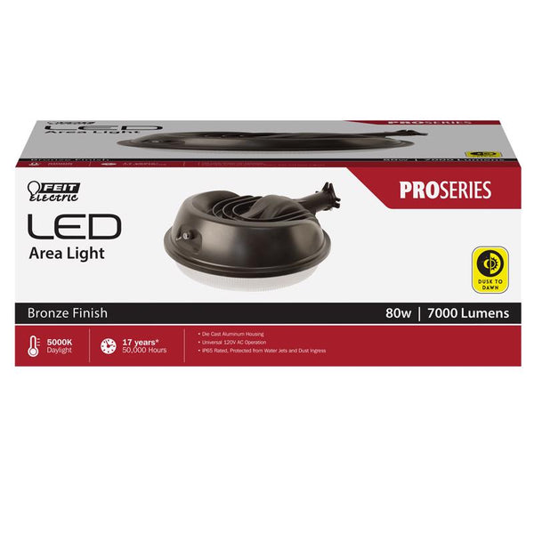 Feit Electric Dusk to Dawn Outdoor Area Light with Photocell, 80W Wall Mount Light Fixture, Integrated LEDs, UV Protected, Weatherproof, 7000 Lumens, 5000k Daylight, Hardwired S9.5AREA/850DDBZV1 S9.5AREA850DBZV