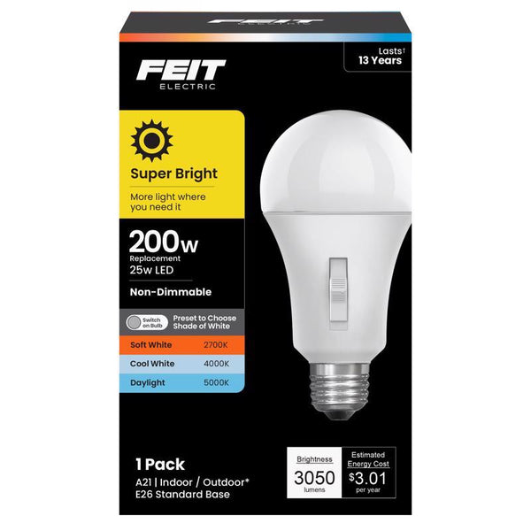 Feit Electric LED Three-Color Selectable Intellibulb - A19 with an E26 Medium Base Light Bulb - 200W Equivalent - 23 Year Life - 3050 Lumen - 2700K Soft White, 4000K Cool White and 5000K Daylight OM200/3CCT/LEDI