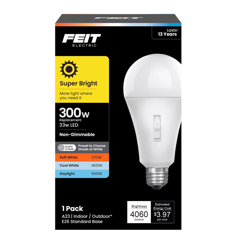 Feit Electric LED Three-Color Selectable Intellibulb - A19 with an E26 Medium Base Light Bulb - 300W Equivalent - 15 Year Life - 4060 Lumen - 2700K Soft White, 4000K Cool White and 5000K Daylight