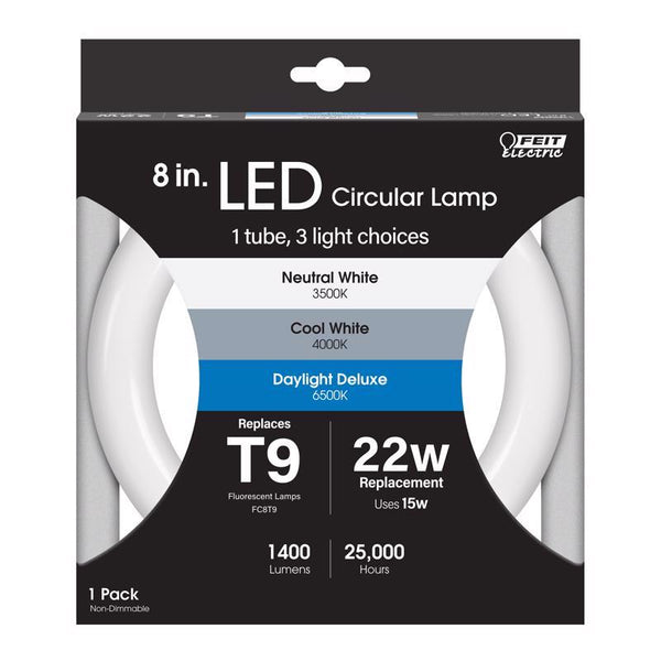 Feit Electric FC8/3CCT/LED Non Dimmable Indoor 8'' LED Circline Light Bulb; Warm White, Cool White Or Daylight with A Standard Light Switch; 1400 Lumens, 15 Watt Input Power, 25000 Life Hours, 120V