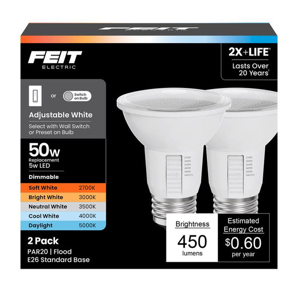 Feit Electric PAR20 LED Light Bulb, 50W Equivalent, Dimmable, Color Selectable 6-Way, E26 Medium Base, 90 CRI, 450 Lumens, Damp Rated Spotlight Bulb, 22-Year Lifetime, PAR20DM/6WYCA/2, 2 Pack