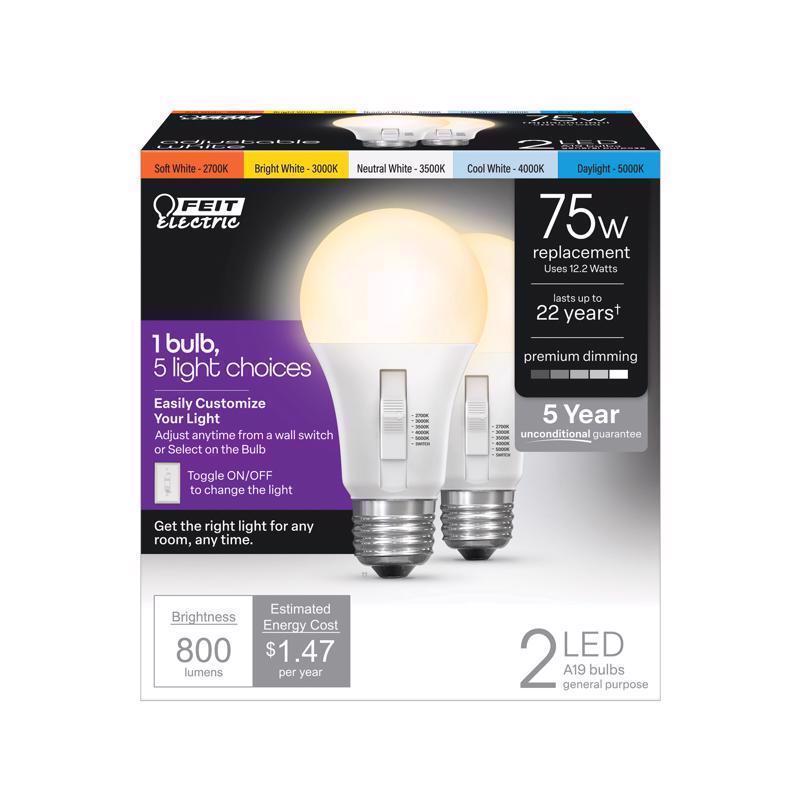Feit Electric A19 LED Light Bulb, 75W Equivalent, Dimmable, Color Selectable 6-Way, E26 Medium Base, 90 CRI, 1100 Lumens, Damp Rated Standard Bulb, 22-Year Lifetime, OM75DM/6WYCA/2, 2 Pack