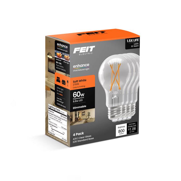 Feit Electric LED A19 Medium Base Light Bulb - 60W Equivalent - 15 Year Life - 810 Lumen - 2700K Soft White - Dimmable | 2-Pack A1960CL927CAFL4