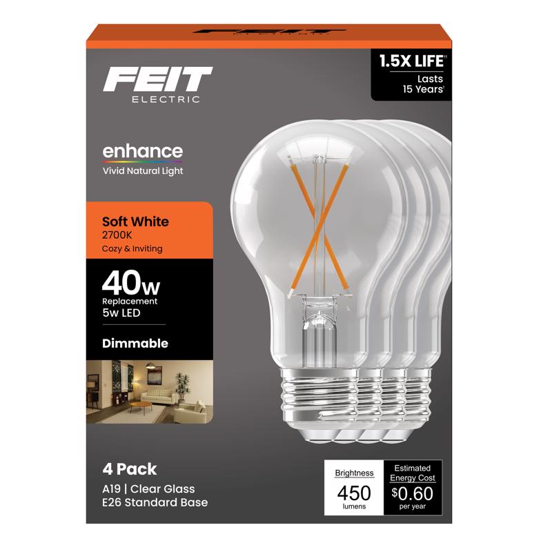 Feit Electric LED Clear A19 Medium Base Light Bulb - 40W Equivalent - 15 Year Life - 450 Lumen - 2700K Soft White - Dimmable | 4-Pack