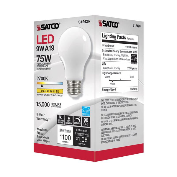 Satco S12426, Soft White, Medium Base, 2700K, 90 CRI, 120 Volt, 11 Watt LED A19 Bulb