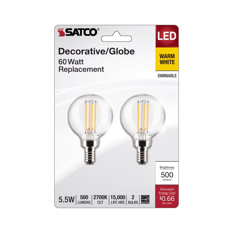 Satco S21813 5.5 Watt G16.5 LED Bulb, Clear, Candelabra Base, 2700K, 500 Lumens, 120 Volt, 2-Pack