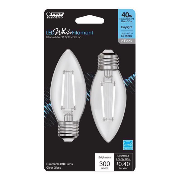 Feit LED Filament B10 E26 (Medium) Filament LED Bulb Daylight 40 Watt Equivalence 2 pk BPETC40950WFIL2