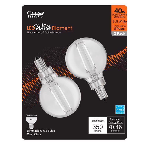 Feit 3014011 G16.5 E12 Candelabra Filament LED Bulb Soft White - 40W Equivalence - Pack of 2 BPG1640927WFIL2
