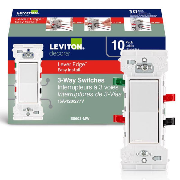 Leviton E5603-MW Decora Edge 15 Amp 3-Way Rocker Switch, 10-Pack, White E5603-0MW
