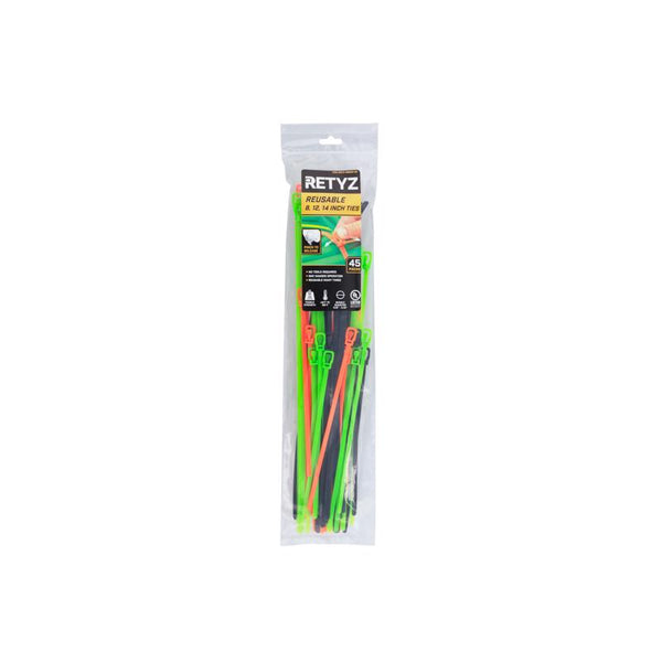 RETYZ Releasable Cable Ties Combo Pack, 45 Pack, 50 lb (8-Inch & 12-Inch) & 120 lb (14-Inch) Tensile Strength, Multi-Color (Black, Fluorescent Orange, Fluorescent Green), Reusable, Patented Design RTZ-MBA02-OA