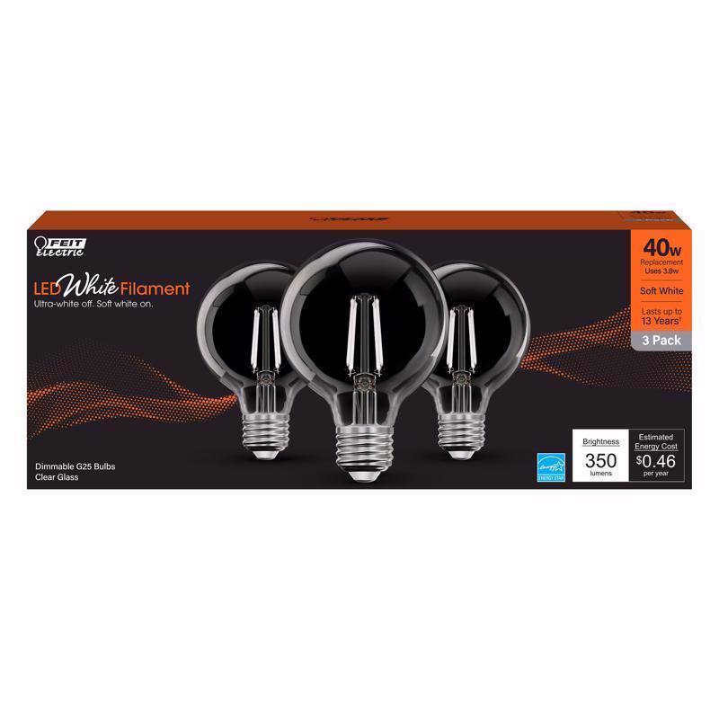 Feit Electric White Filament G25 E26 (Medium) Filament LED Bulb Soft White 40 Watt Equivalence 3 pk