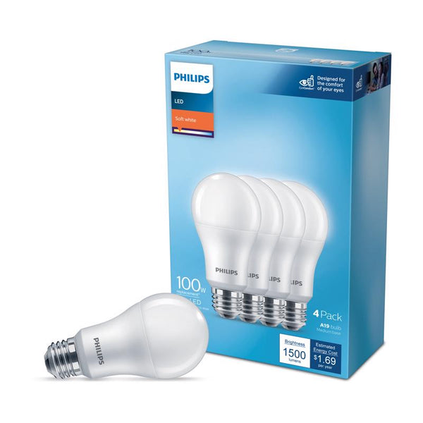 Philips, LED 100W Replacement Soft White A19 Bulb Medium Base, 14W, 4 Count 565408