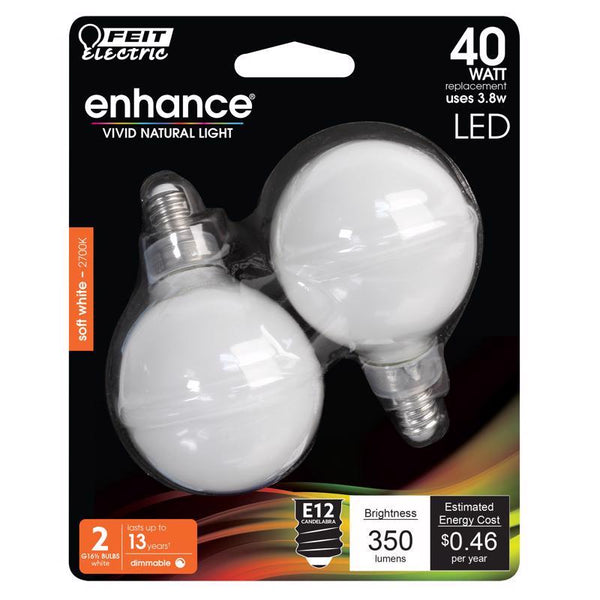 Feit G16.5 E12 (Candelabra) Filament LED Bulb Soft White 40 Watt Equivalence 2 pk2 BPG1640W927FIL2