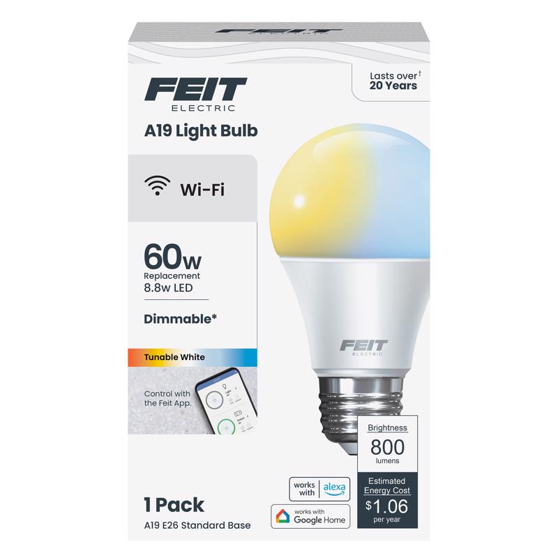 Feit Electric A19 Smart LED Light Bulb, 60W Equivalent, Tunable White, Alexa & Google Home Compatible, 2.4 GHz Wi-Fi, 90+ CRI, Non-Dimmable, 800 Lumens, 25,000-Hour Lifetime, OM60/CCT/CA/AG